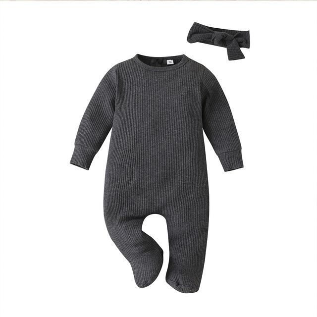 0-12M Alle Seizoenen Outfits Baby Meisjes Jongens Betaalde Jumpsuits Geribbelde Footies Leuke Verstoorde Lange Mouwen Solid Knit een Stuk Pyjama: Donkergrijs / 12m