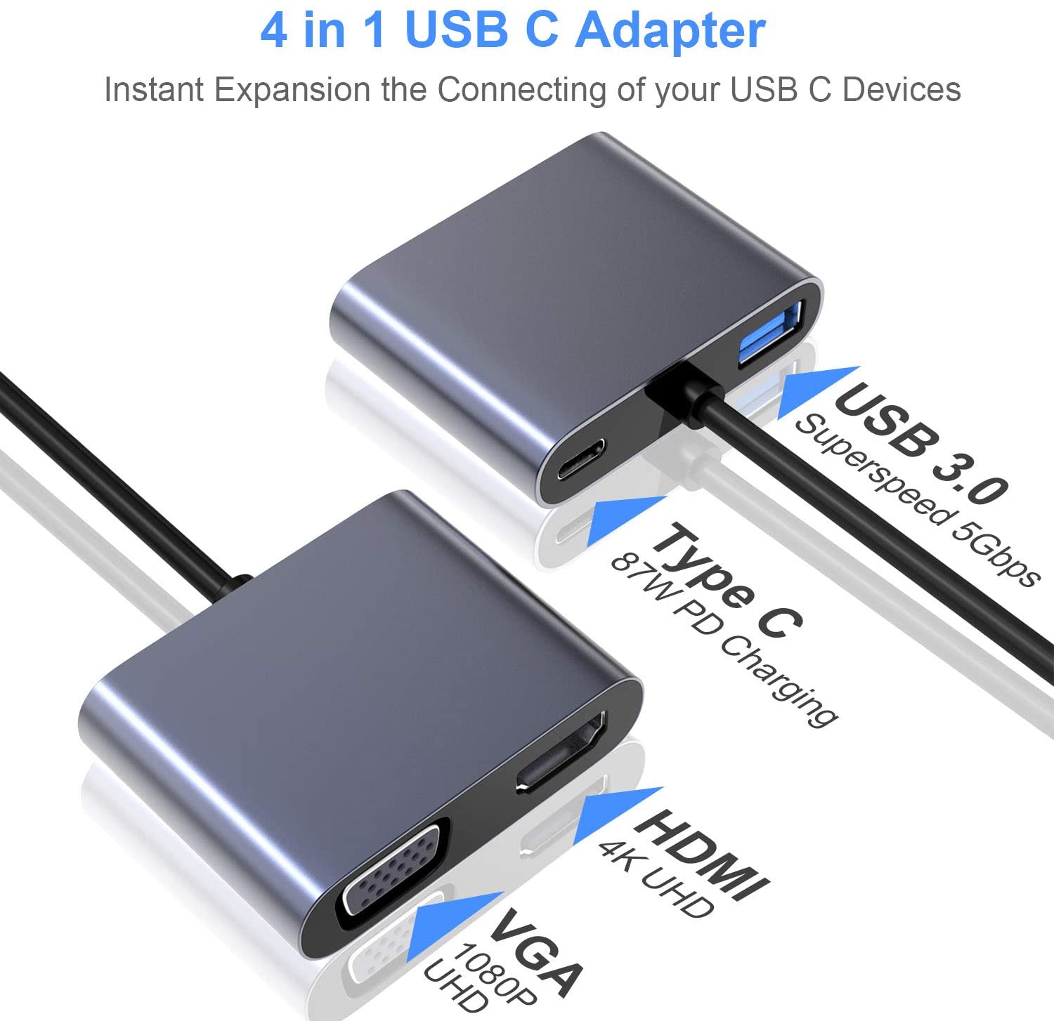 Usb c to vga hdmi 4k 4 in 1 adapter usb 3,0/ usb c pd hub compatible with macbook pro/air, nintendo, dell, hp, samsung, switc