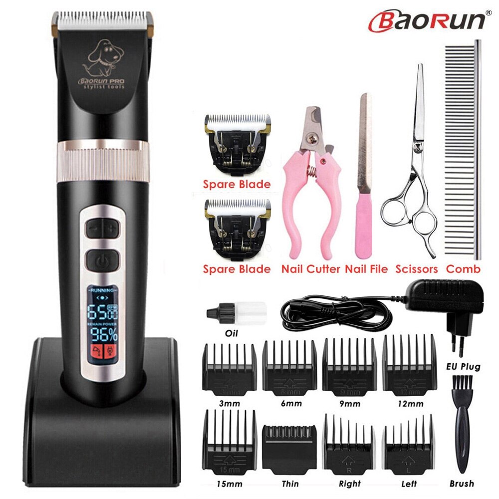 BaoRun P9 Clipper Dogs LCD Screen Pet Cat Clippers Electrical Grooming Trimmer Rechargeable Haircut Machine Animals: Black B B Tool Set