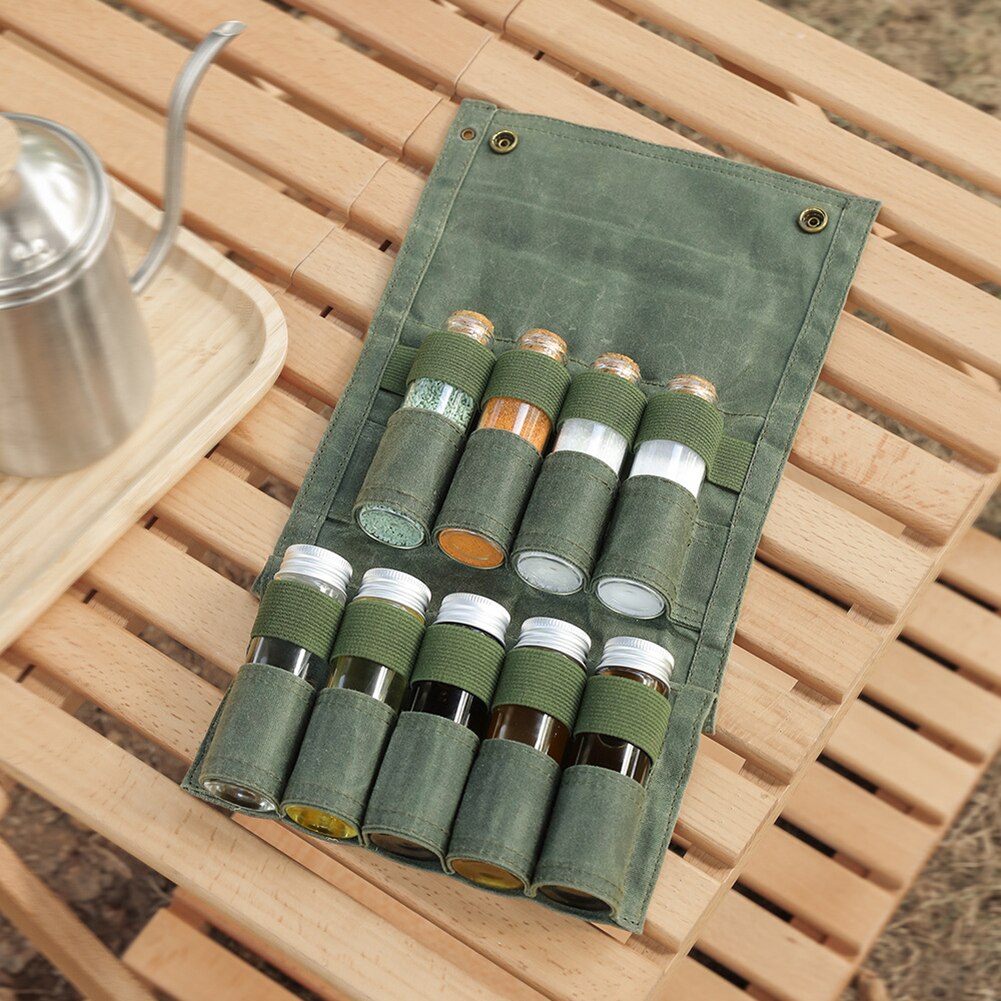 9pcs Outdoor Spice Bottles Set with Storage Bag Folding Wax Canvas Large Capacity Camping Hiking Bushcraft Picnic Crafts Vials