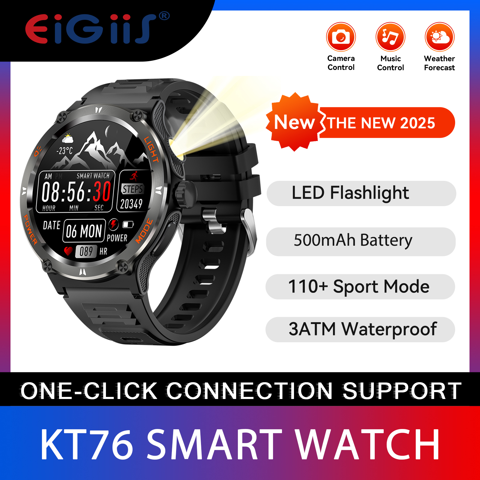 EIGIIS Relógios Inteligentes para Homens com Lanterna LED para Sono Pedômetro de Freqüência Cardíaca Esporte ao Ar Livre Rastreador de Fitness para iPhone Android