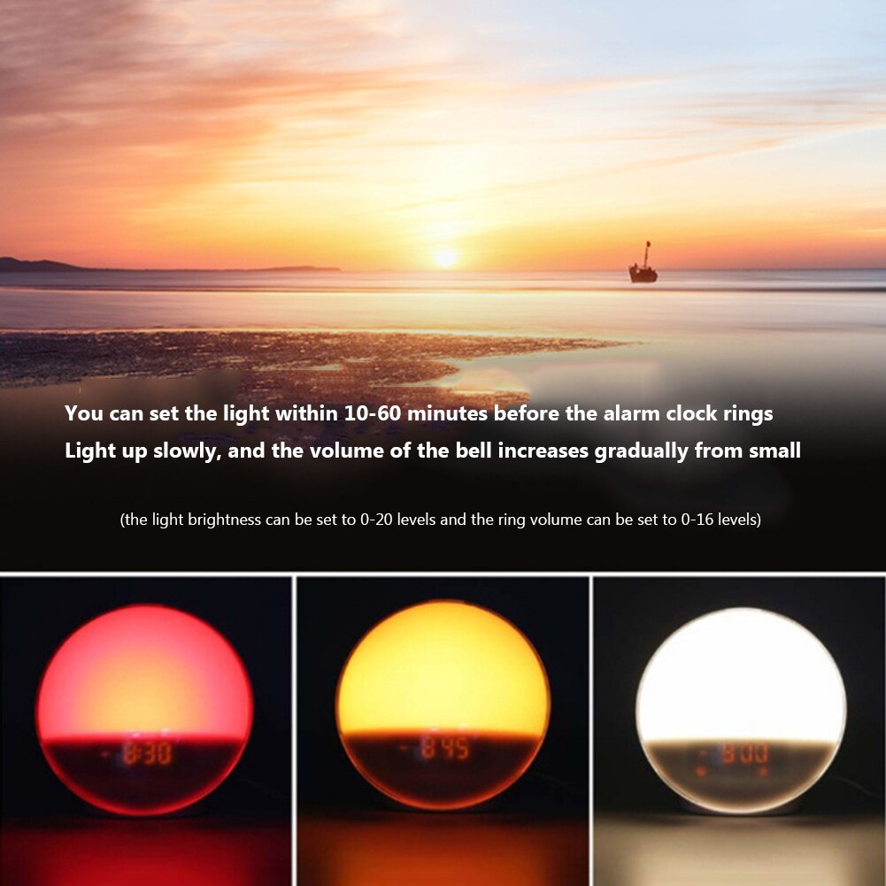Smart Wake Up Light Digitale Wekker App Controle Met 7 Kleuren Zonsondergang Zonsopgang Led Lamp Snooze Klokken Natuur Muziek fm Radio