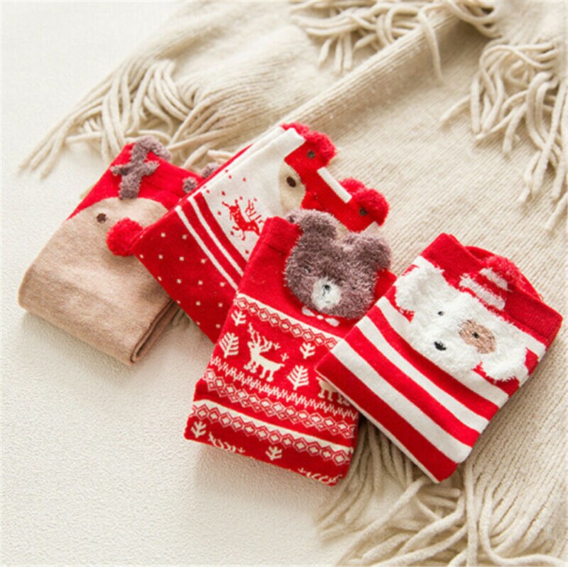 Chaussettes de noël, 1 paire, pour enfants, filles et garçons, chaussettes de noël, automne, éponge rayée, flocon de neige, élan, ours noël