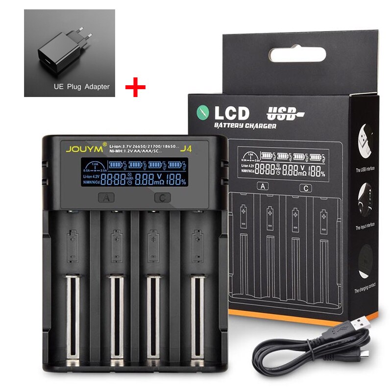 Battery Charger Voor 18650 3.7V 18350 18500 21700 20700B 10440 26650 1.2V Ni-Mh/Cd, een Aa Aaa Lithium Nimh Batterij Lii-PD4: J4 AND UE Plug