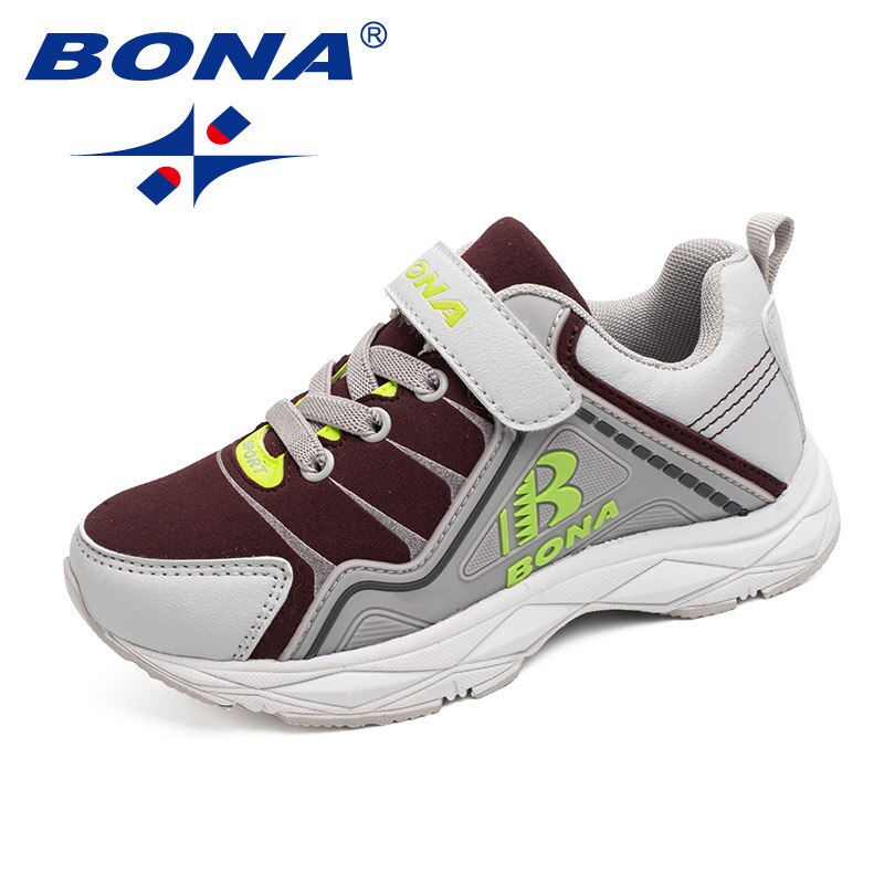 Bona Stijl Kinderen Casual Schoenen Klittenband Jongens Schoenen Synthetische Meisjes Schoenen Comfortabele Kids Sneakers Snelle: LIGHT GREY DARK RED / 4