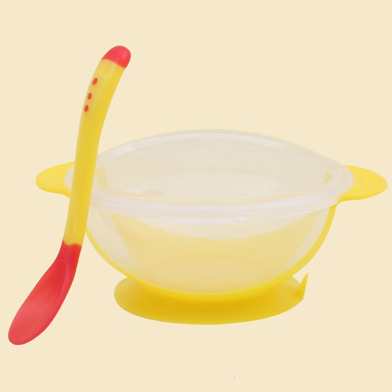 Baby Learning Dishes With Suction Cup Kids Safety Dinnerware Set Assist Bowl Temperature Sensing Spoon Fork Tableware: yellow-lid-spoon