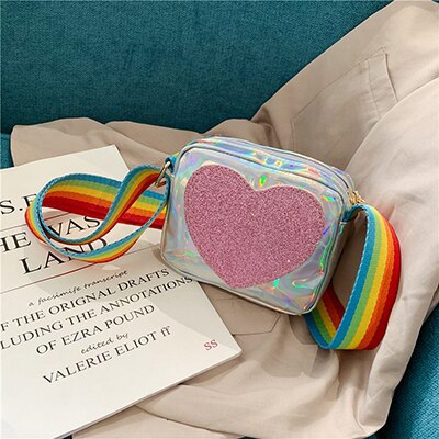 Europe joli porte-monnaie en forme de coeur pour enfants. Sac à bandoulière de couleur arc-en-ciel pour petites filles. Mini sac à main: Silver