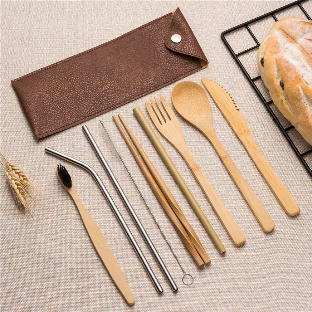 10 stuks Herbruikbare Bamboe Bestek Set Draagbare Servies Houten Bestek Vork Lepel Mes Set met Bestek Tas voor Travel Dinning set: 10pcs set0013
