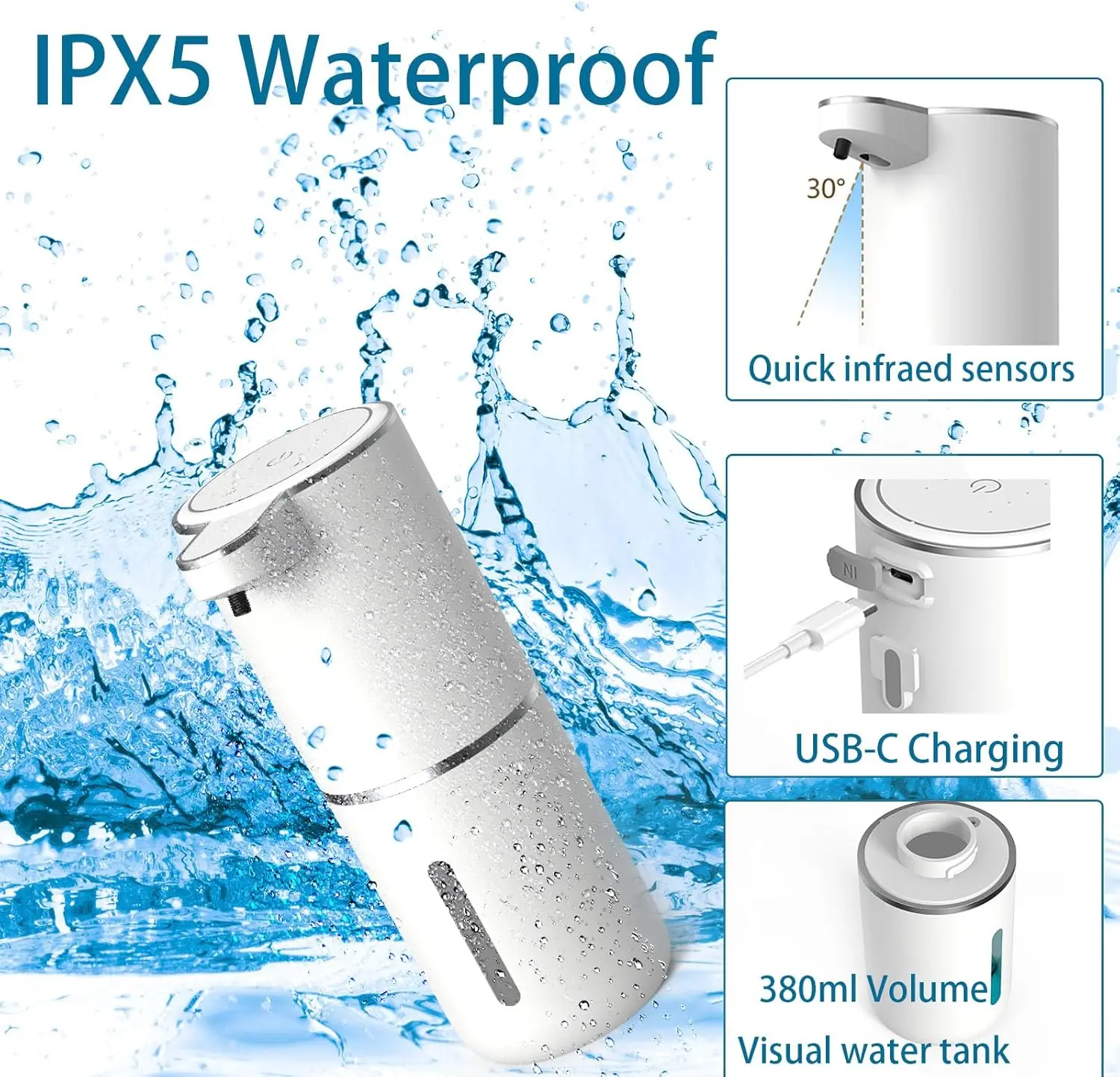 Distributeur automatique de savon désinfectant pour les mains, distributeur électrique de liquide/mousse sans contact avec capteur infrarouge et Rechargeable par USB