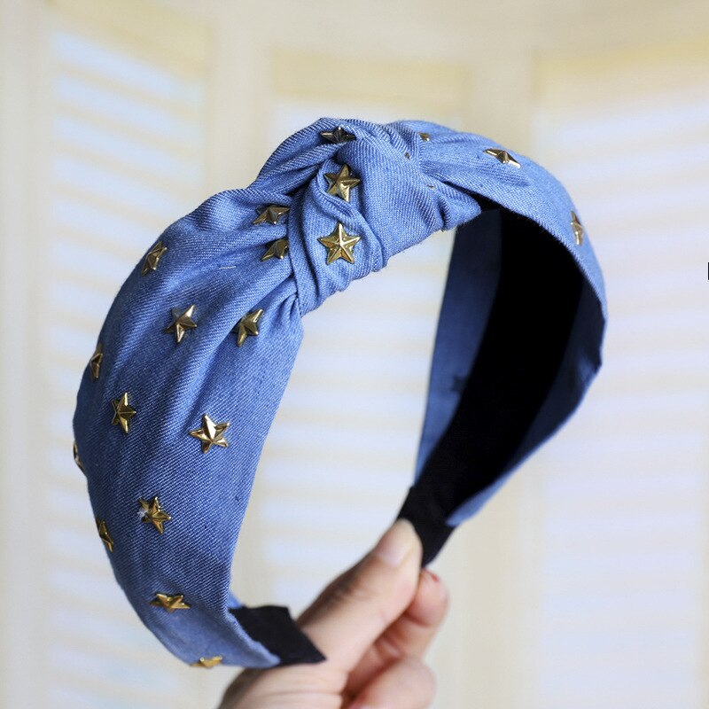 Vintage Sterren Jewel Rhinestone Denim Haarband Voor Vrouwen Knot Tulband Hoofdband Meisjes Haar Accessoires Bandeau Cheveux Opaska Doen: C606 light blue