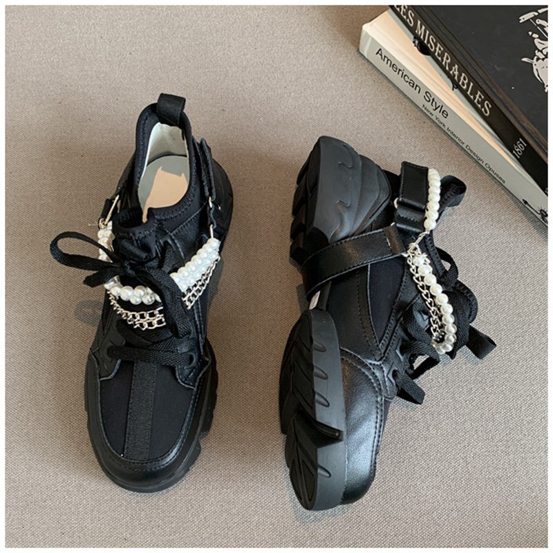 SUOJAILUN Neue Frauen Flache Schuhe Perle Kette Turnschuhe lässig runden Zehe Spitze hoch Damen Flache Plattform schuh: Schwarz / 37