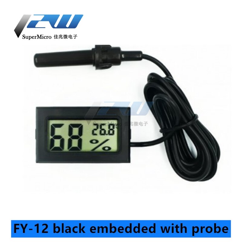 Lcd Digitale Thermometer Hygrometer Temperatuur-vochtigheidsmeter Met Voertuig Probe Reptiel Terrarium Aquarium Koeler: FY-12 black