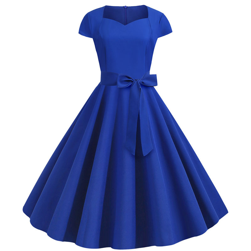 Summer Women's Dress Short Sleeve Solid Vintage Retro Big Swing Office Party Midi Sundress