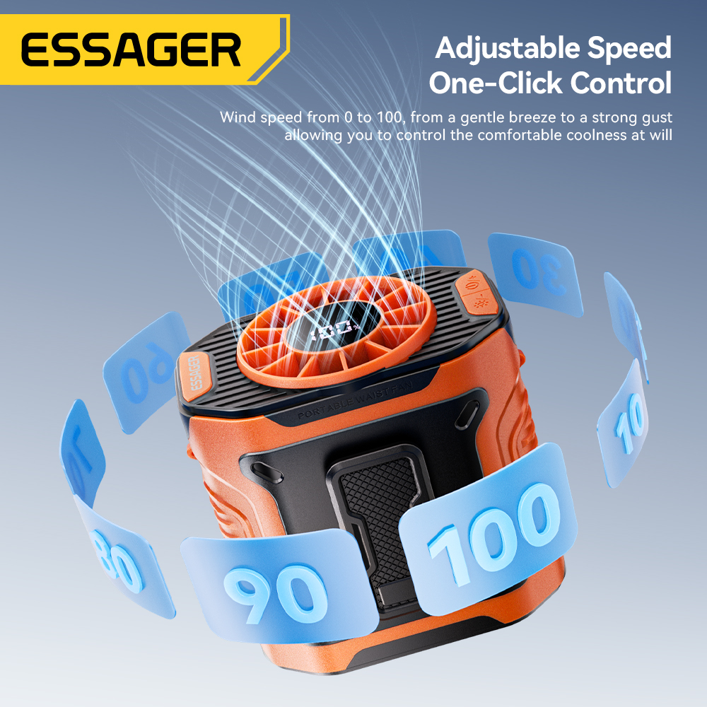 Essager-ventilador de cintura de alta velocidad, ventilador portátil para exteriores, cuello colgante, viento fuerte con iluminación LED PowerBank para trabajo al aire libre