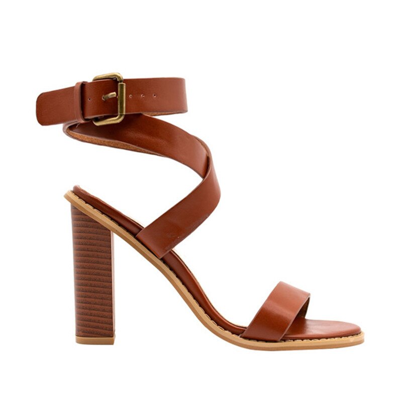 Women Retro Buckle Strap Sandal Shoes PU Women Square Heels Sandals Casual Gladiator Shoes High Heels Footwear: Auburn / 43