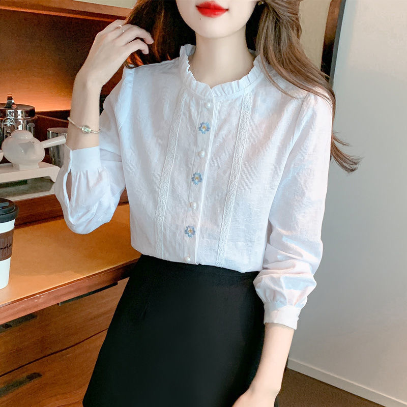 Blusas bordadas para mujer, camisas informales de manga larga con cuello levantado, Blusas de Color sólido, Tops DF4774