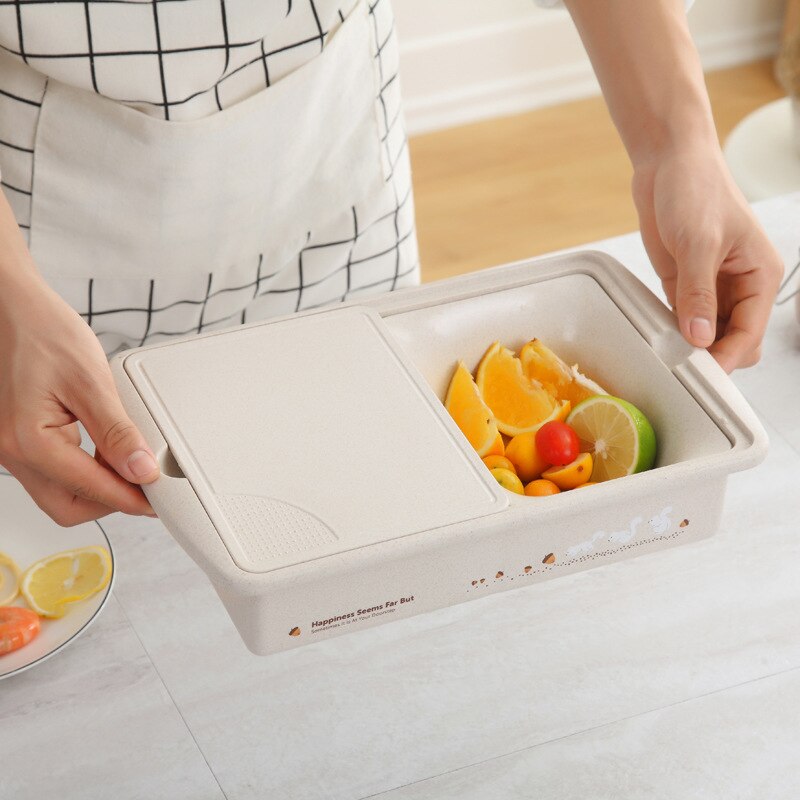 Keuken snijplank met opberglade, kunststof snijplank, snijblokken voor fruit, groente, keukengereedschap, beige-s
