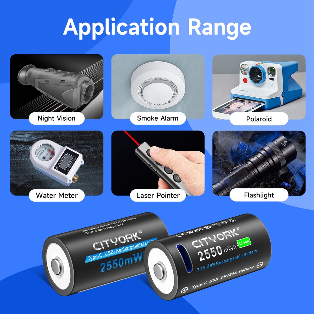 CITYORK CR123A Bateria 2550mWh 3.7V Akumulator Li-ion 16340 Do Latarki LED 16350 RCR123 Bateria + Kabel USB Type-c