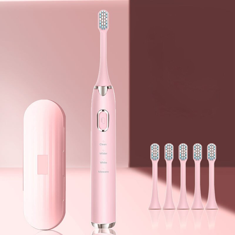 Beauty Electric Toothbrush USB Rechargeable Support 4 Modes 3 Intensions IPX7 Waterproof Adult Toothbrush Automatic Sound Wave: Pink 5Bush