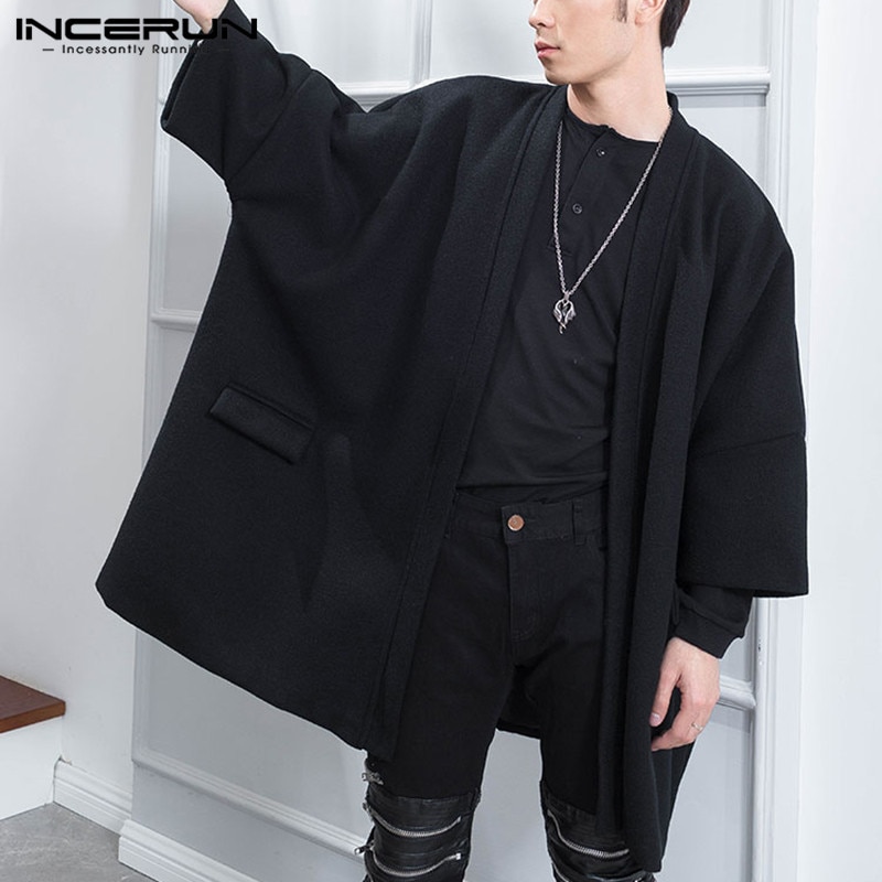 Incerun heren mantel jassen open steek effen kleur bovenkleding streetwear 3/4 mouwen chic casual trenchcoat heren poncho s -5xl
