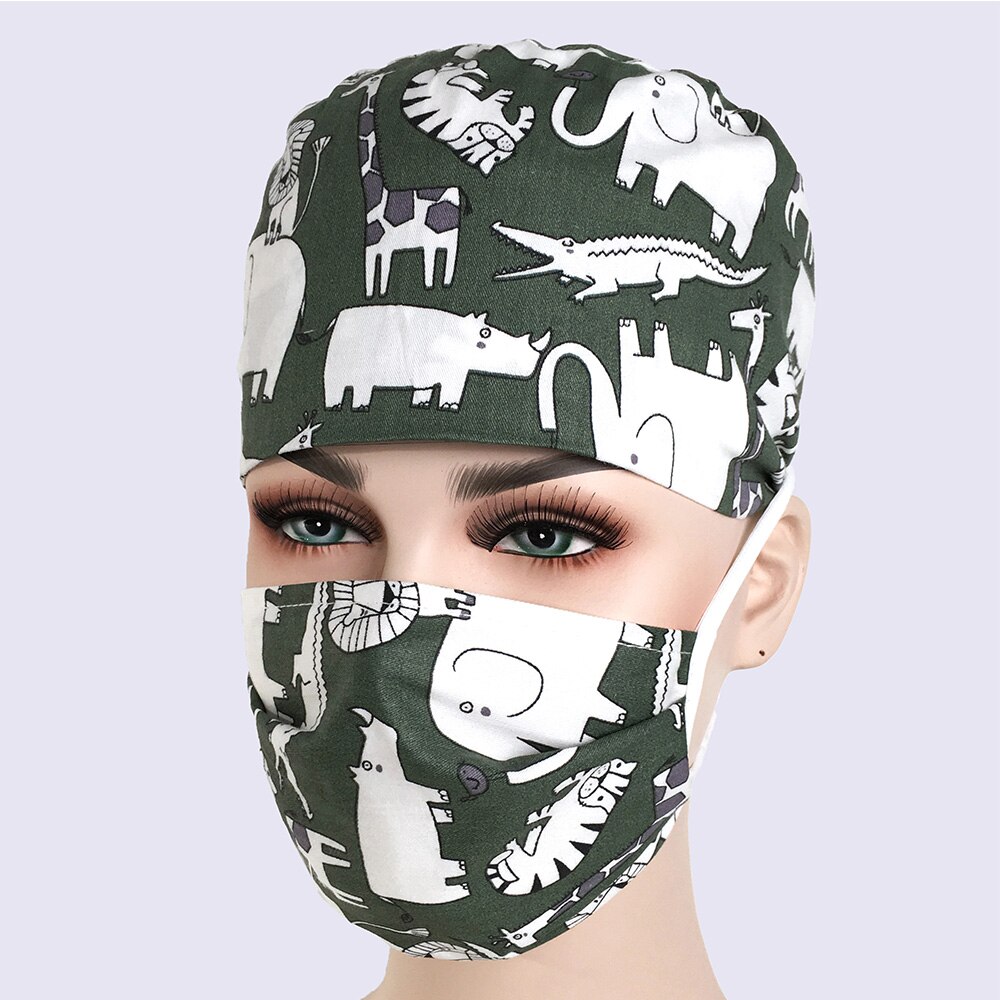 Unisex ren bomuld print komfortabel åndbar spa uniform scrub arbejdstøj top + justerbar tegneserie print scrub cap