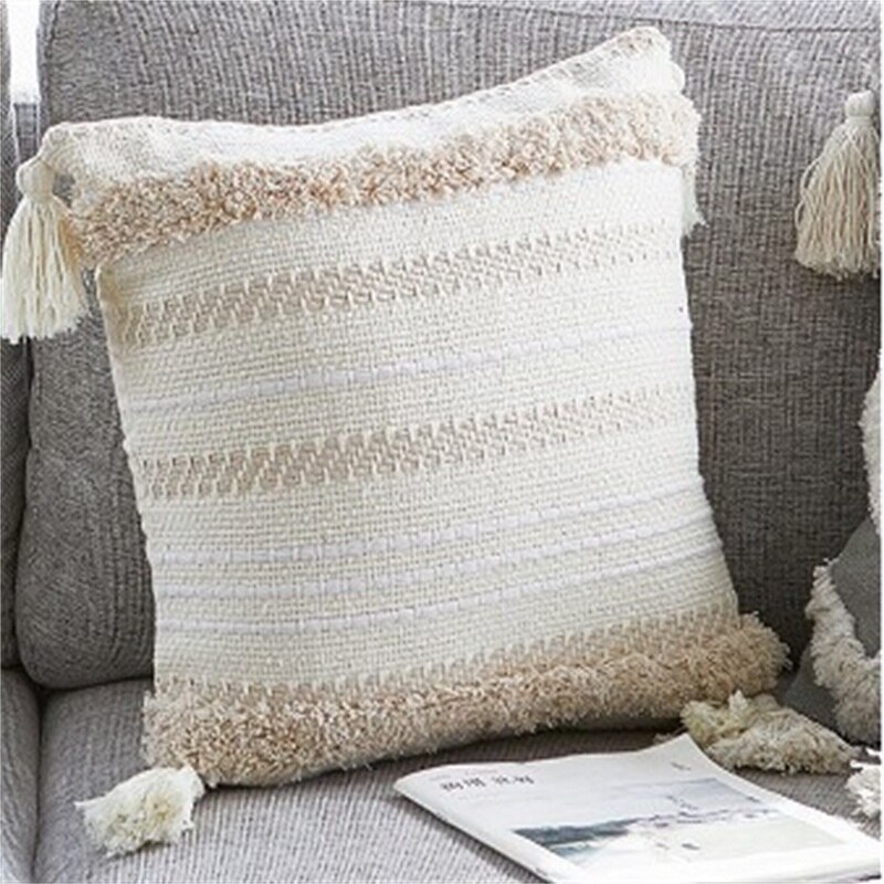 Heminredning boho örngott soffa kudde fyrkantiga dekorkuddar sovrum vardagsrum vävt modernt stort tofs kuddfodral: Beige 45 x 45cm