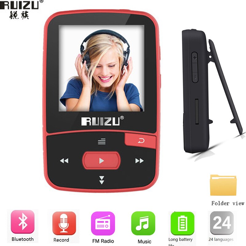 RUIZU X50 Sport Bluetooth MP3 player 8GB mini clip, with screen support FM, recording, e-book, clock, pedometer, SD card, clip