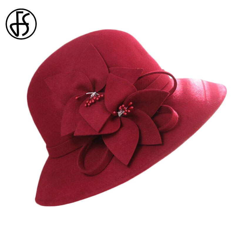 Sombrero de lana con visera grande para mujer, gorro de lana con visera grande, Estilo Vintage, ancho, con flores: Wine red Wool Hat