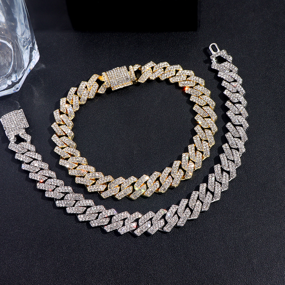 Pulseras de cadena cubana con eslabones helados de 14MM para hombres y mujeres, diamantes de imitación completos, pulsera cubana gruesa de Miami, de joyería Punk Hip Hop