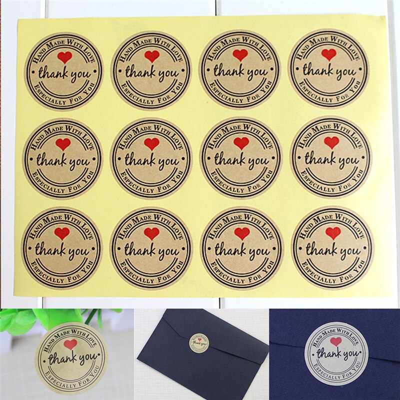 ! fournitures de fête merci amour rouge autocollants auto-adhésifs Kraft étiquette étiquettes rondes personnalisées sac en papier 12 pièces/feuille