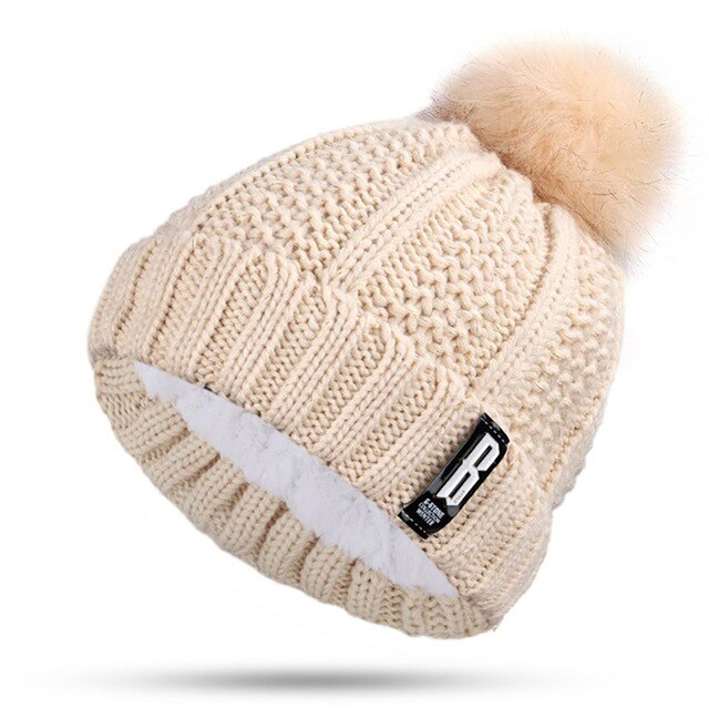 Dikke voering plus fluwelen winter dames pompon gebreide muts ring sjaal sets dames merk mutsen mutsen warme dames ring sjaal: Beige -2