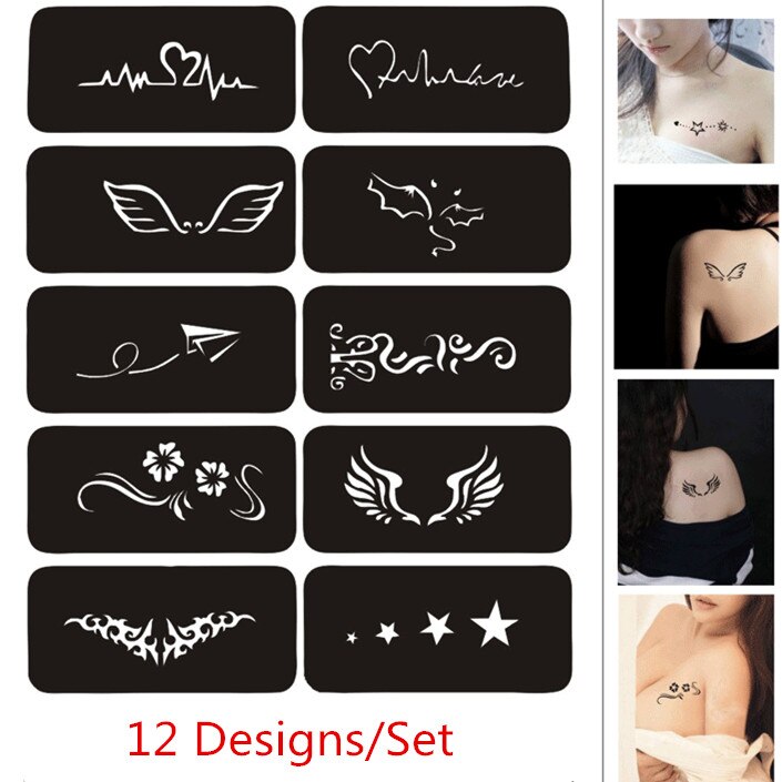 12 Ontwerpen/Set Airbrush Glitter Tattoo Stencil Ster Vleugels Bloem Henna Tattoo Stencil Pochoirs Giet Peinture
