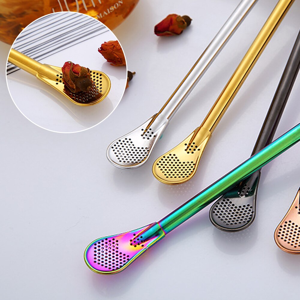 Stainless Steel Tea Coffee Straw Spoon Reusable Drinking Straw Spoon Double Filter Flat Smooth Straws Party Bar Tools