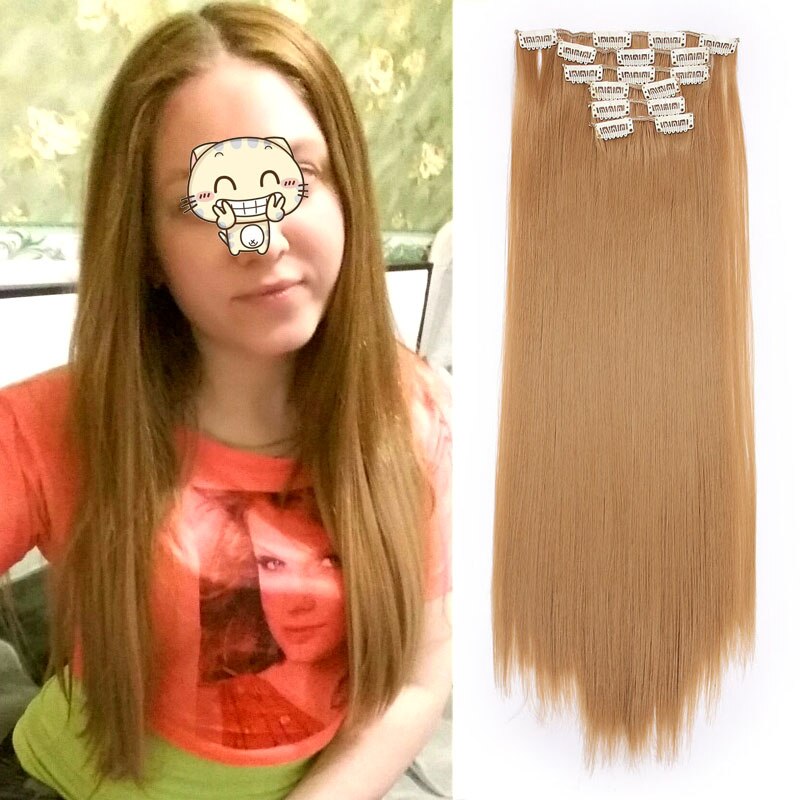 BEAUTY PROS Long ombre Straight Clip In Hair Extensions 16Clips Full Head Synthetic Hair Extension 22'' Available Heat Resistant: #27