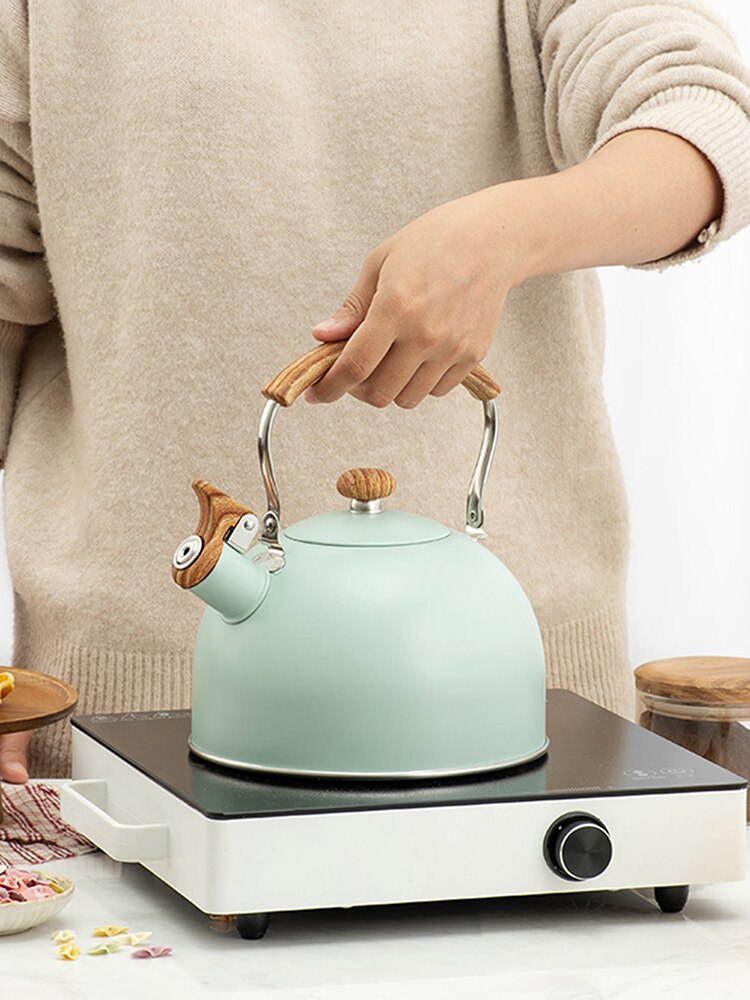 Nordic Simple 2.5L Whistle Kettle Gas Induction Cooker Universal Coffee And Tea Kettle With Wood Grain Anti-scalding Handle