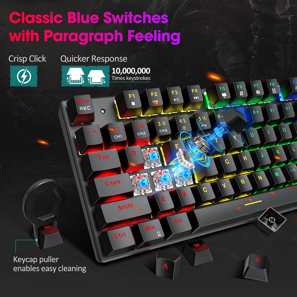 PICTEK PC244 Wired Gaming Keyboard Mechanical keyboard RGB LED Backlit USB Blue Switch 87 Keys Keycaps For Computer PC Gamer
