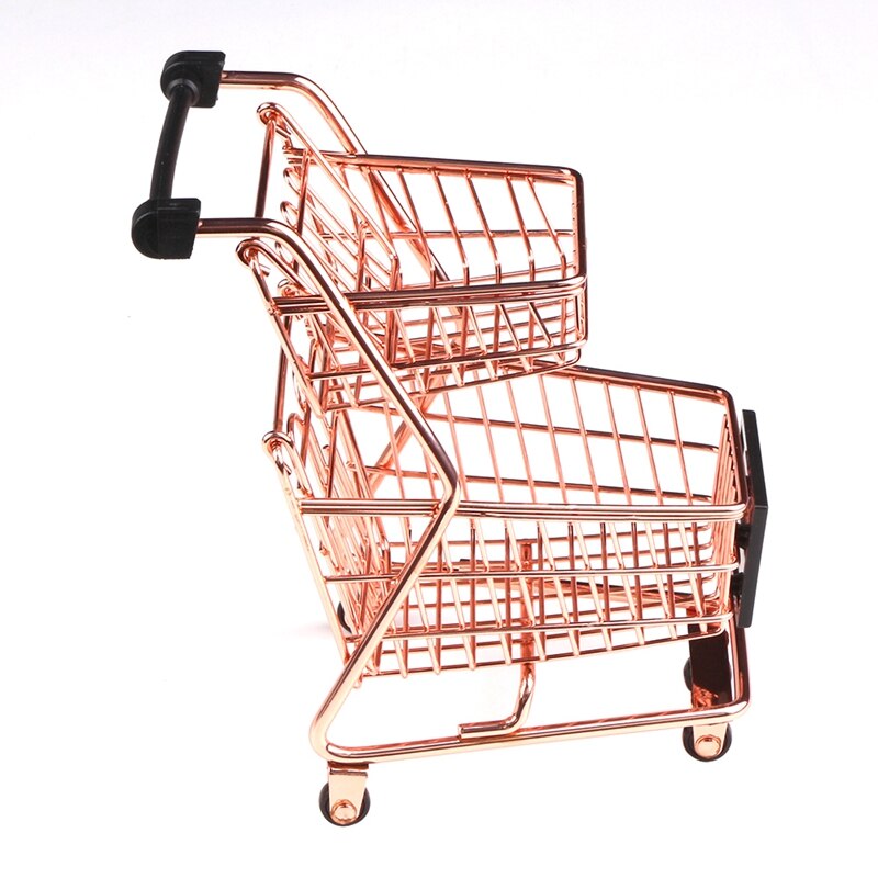 Mini Double Layers Shopping Cart Model Wrought Iron Supermarket Trolley Metal Rose Gold Storage Basket