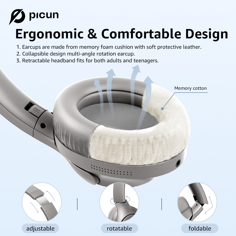 Picun anc -05 aktiva brusreducerande hörlurar med enc-teknik, trådlösa bluetooth-hörlurar over-ear-headset, 40h speltider