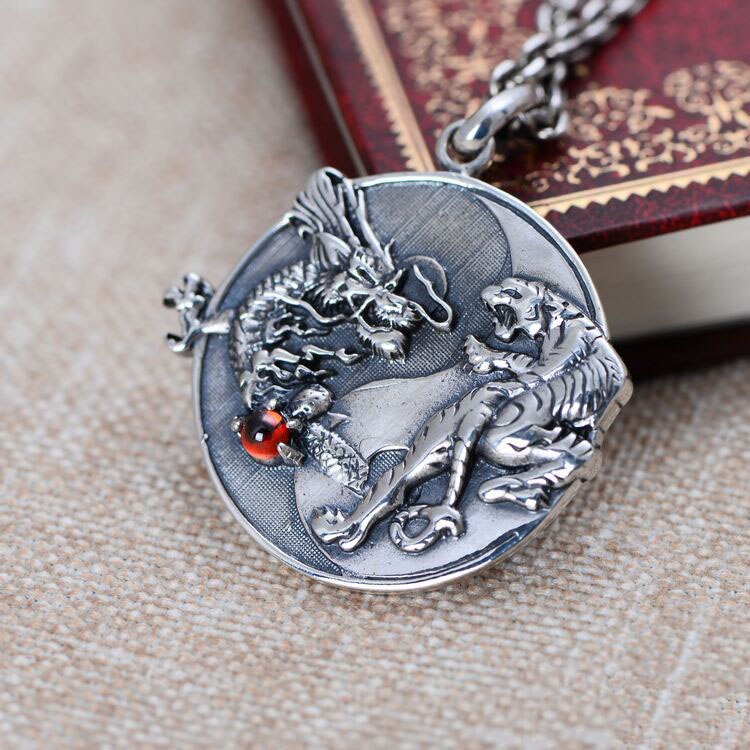 Collier pendentif Dragon tigre 100% argent 925 fait à la main, amulette 925 Sterling Fengshui Taichi Yinyang porte-bonheur