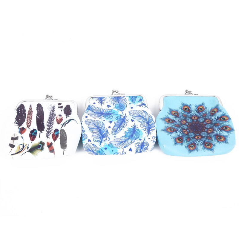 Retro Feather Printed Coin Purses Holders Hasp Clasp Purse Card Bag Women Faux Leather Card Holder Key Bags