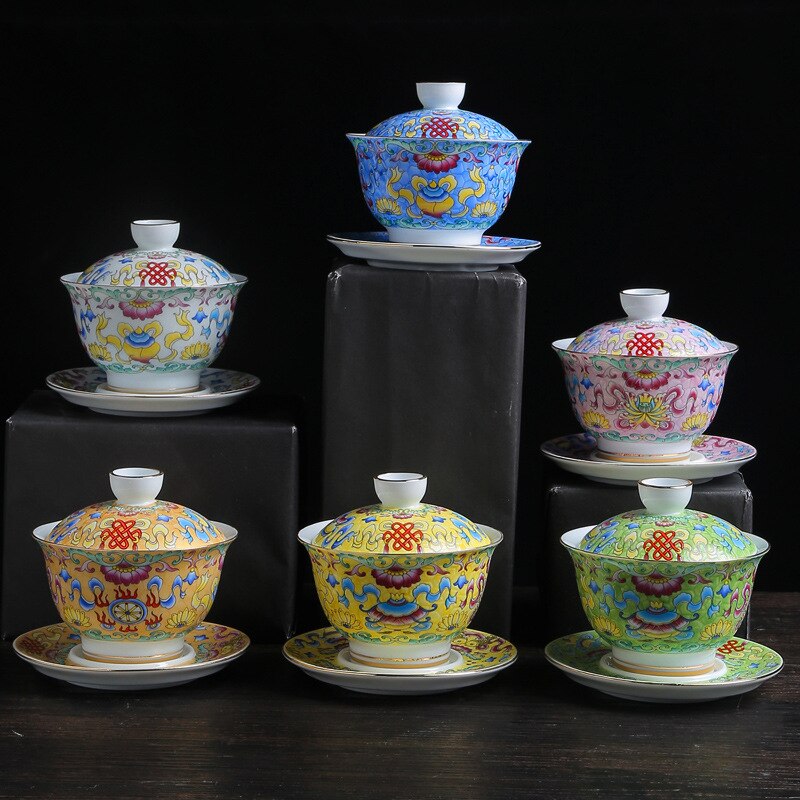 Farverig emalje gaiwan kinesisk te ware sancai te skål service te kop og underkop sæt 150ml tekop te maker