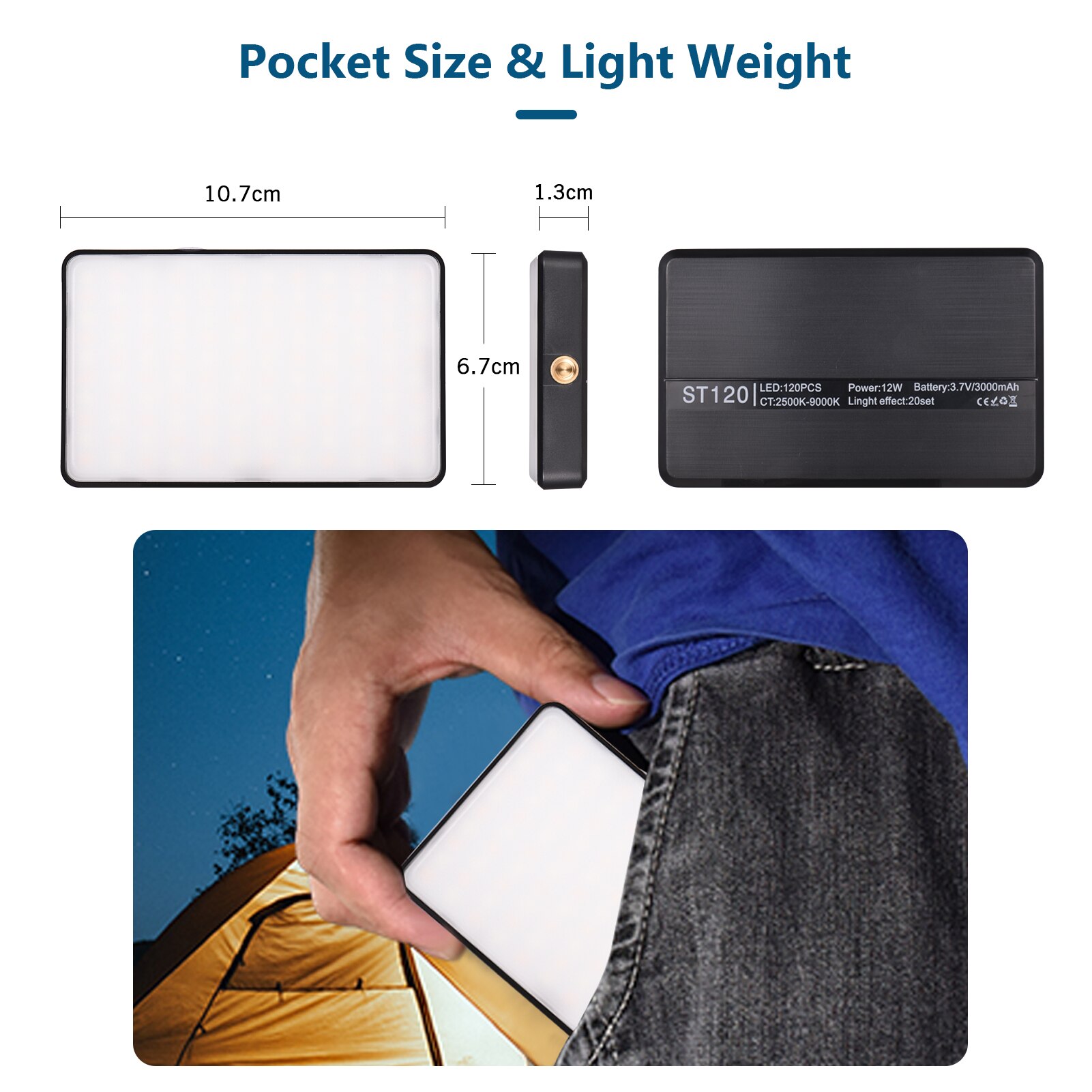 Andoer ST120 Pocket LED Video Light Rechargeable Fill Light 2500K-9000K Bi-color Temperature Dimmable CRI95+ w/ Silicon Diffuser