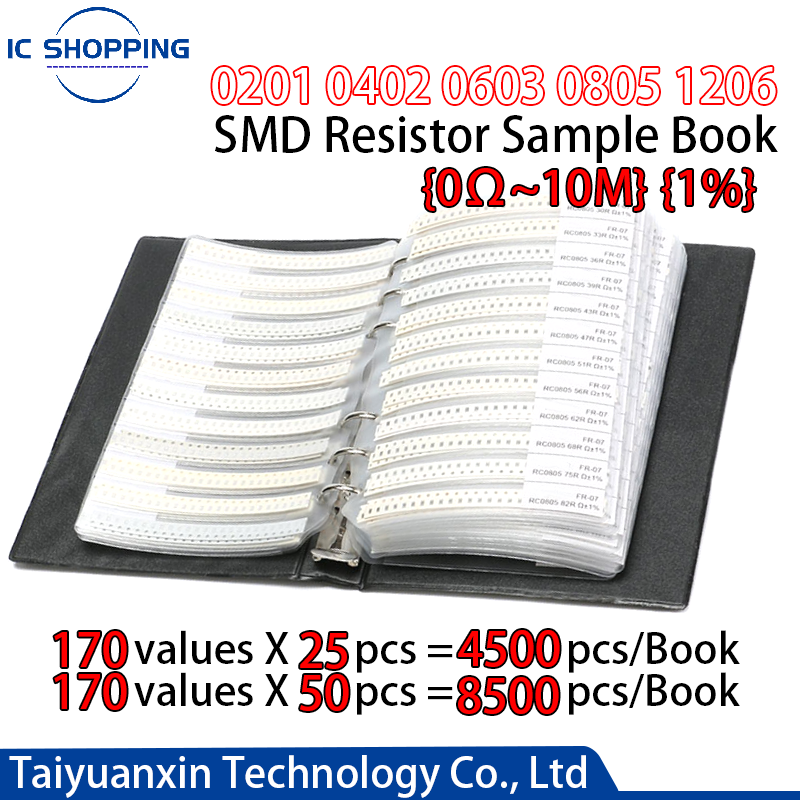 A Book 0201 0402 0603 0805 1206 SMD Resistor Book 1% Capacitor Resistance Package Component Sample SMT Chip Book Assortment Kit