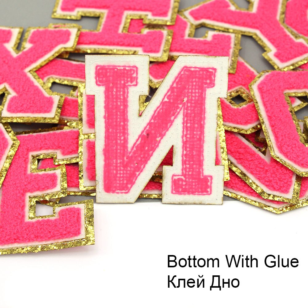 Parche con letras bordadas de rosas grandes de 80MM para ropa, parches de chenilla con lentejuelas doradas, apliques para planchar, camiseta con nombre DIY, pantalones vaqueros