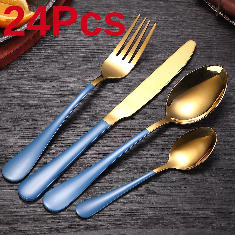 24 stk sort guld bordservice sæt gaffel ske kniv 18/10 rustfrit stål bestik sæt middagsstel sæt trækasse: Blå guld