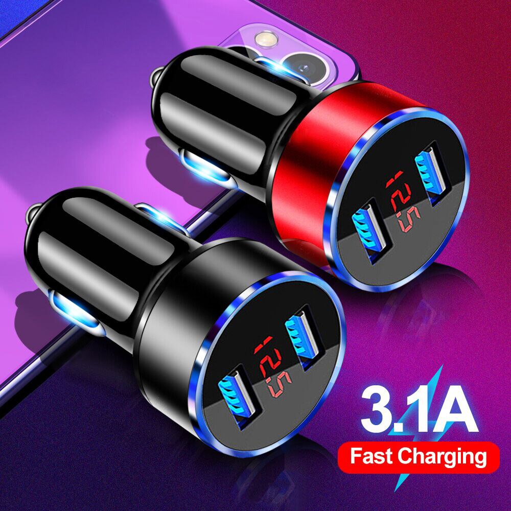 Cargador USB Dual para coche con pantalla LED 3.1A 5V, Cargador Universal para iPhone 12, Xiaomi, Samsung S8, iPhone X, 8 Plus, tableta