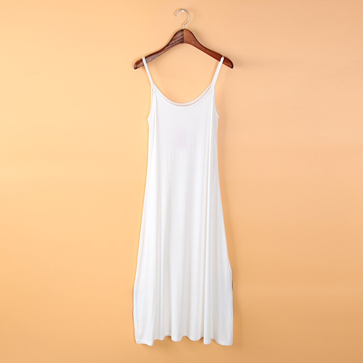 Modal cotton spaghetti strap vest full slip A line big bottom long elastic underskirt plus size solid: White / M