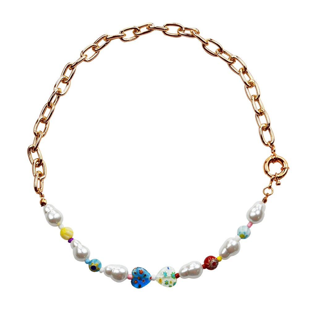 HUANZHI Korea Sweet Metal Chain Transparent Colorful Beaded Irregular Flowers Pearl Necklace for Women Party Jewelry: 7