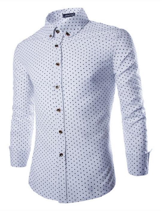 Mærke mænds tøj slim fit mænd langærmet skjorte mænd polka dot afslappet mænds skjorte: Hvid / M