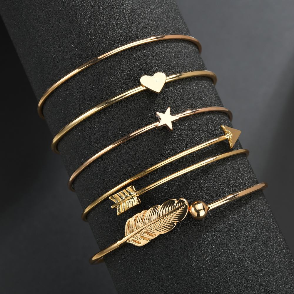 5 Stks/set Mode Bohemen Leaf Heart Moon Star Manchet Bangle Voor Vrouwen Eenvoudige Goud Kleur Geometrische Open Bangle Armbanden Sieraden
